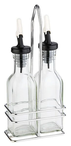 APS Essig-/Öl-Menage, 10,5 x 5,5 cm, Höhe: 24 cm, Metall, verchromt, Essig-/Öl-Glasbehälter, 120 ml, 40445