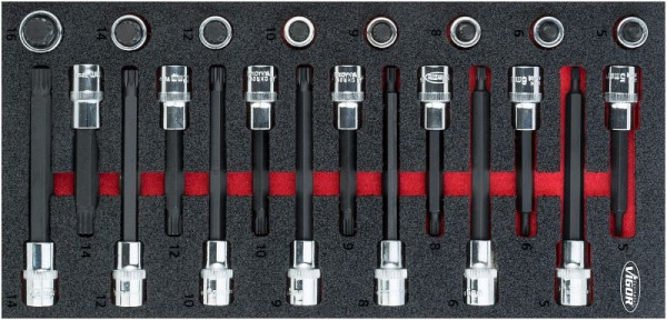 VIGOR XZN Vielzahn Schraubendreher-Einsatz Satz, Vierkant hohl 12,5 mm (1/2 Zoll), Innen Vielzahn Profil XZN, M5 - M16, Anzahl Werkzeuge: 22, V5091