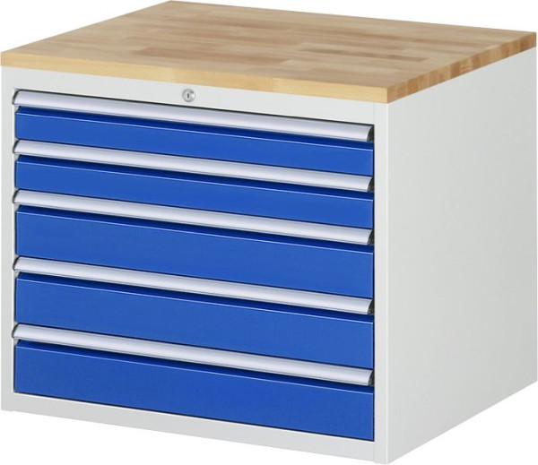 RAU Schubladenschrank Serie 7000, B770 x T650 x H645mm, 5 x Schublade-Größe-XL 2xH90, 3xH120 mm, Buche-Massiv-Arbeitsplatte, Stärke 25 mm, 03-XL3.20A-B.11
