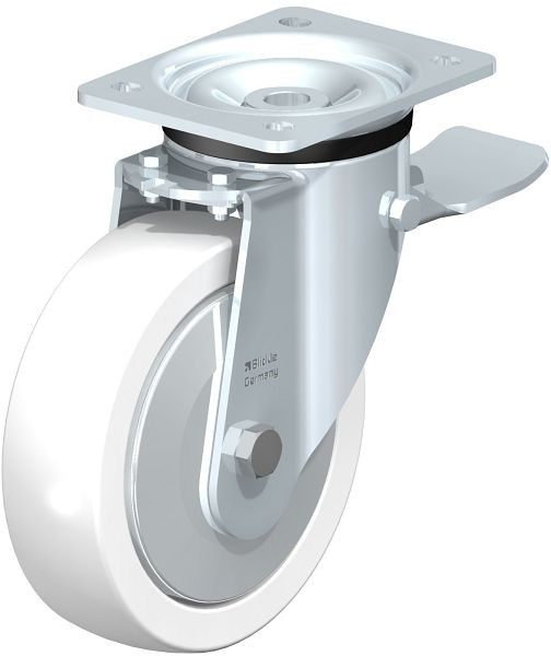 Blickle LK-SPO 175K-ST-FA Stahlblech-Lenkrolle, schwere Ausführung, mit Anschraubplatte & Feststeller, Polyamid, Weiß, 103549