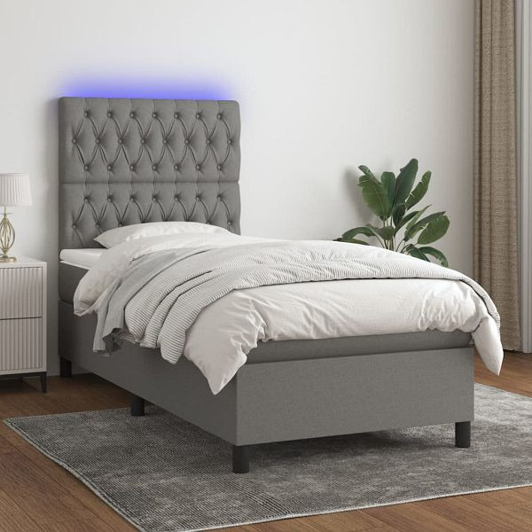 vidaXL Boxspringbett mit Matratze & LED Dunkelgrau 100x200 cm Stoff, 3135094