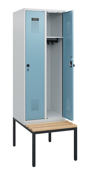 C+P Spind Evolo PLUS, 2 Abteile, 1950x600x815mm, 7035/0010, Drehriegel, Sitzfläche Holz, Sitzbank, 0490505-20 S10009