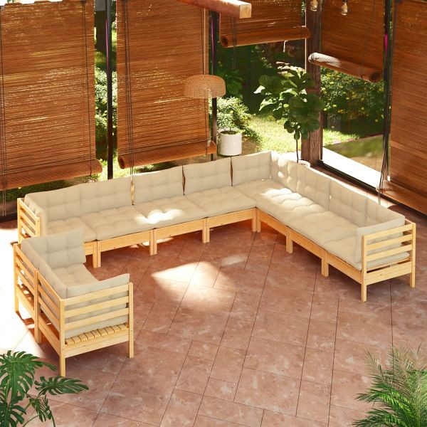 vidaXL 10-teilig Garten-Lounge-Set mit Creme Kissen Massivholz Kiefer, 3096911