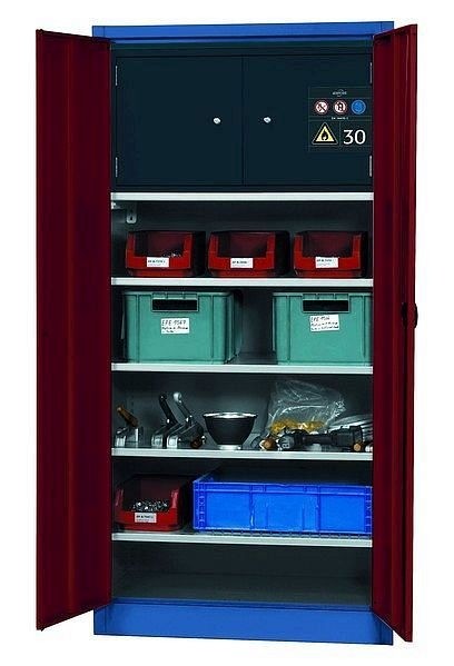 asecos Materialschrank E-CLASSIC-MF Modell EM.195.095.F (inklusive Typ 30-Box) in purpurrot RAL 3004 mit 4x Fachboden (Stahlblech), 30638-006