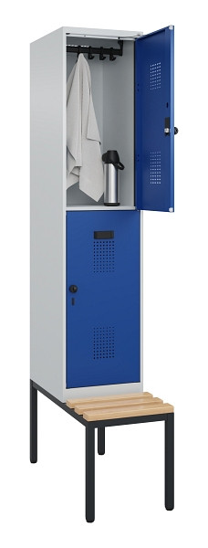 C+P Doppelstock-Spind Evolo PLUS, Bank, 2 Fächer, 2120x400x815mm, 7035/5010, Drehriegel, Sitzfläche Buche-Hartholz, Sitzbank, 0493507-12 S10006