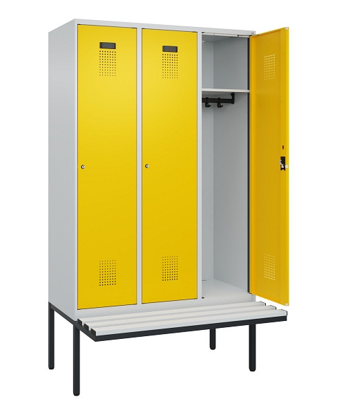 C+P Spind Evolo PLUS, 3 Abteile, 2120x1200x815mm, 7035/1023, Haken 4, Zylinderschloss, Material Sitzfläche Kunststoff, 0490407-32 S10082