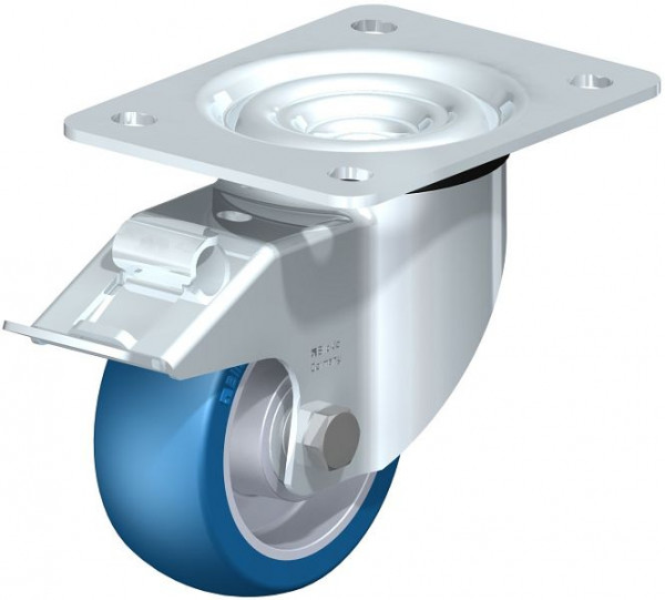 Blickle LK-ALBS 100K-3-FI Stahlblech-Lenkrolle, schwere Ausführung, mit Anschraubplatte & Feststeller, Blickle Besthane® Soft, Blau, 742705