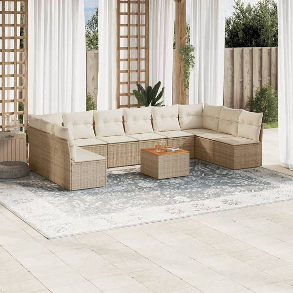 vidaXL 11-teilig Garten-Sofagarnitur mit Kissen Beige Poly Rattan, 3223797