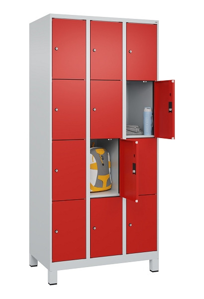 C+P Schließfachschrank Evolo PLUS, mit Füßen, 12 Fächer, 1950x900x500mm, 7035/3, Frontfarbe RAL 3020 Verkehrsrot, 049010-304 S10005