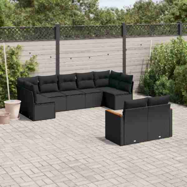 vidaXL 9-tlg. Garten-Sofagarnitur mit Kissen Schwarz Poly Rattan, UV-beständig, 3258688