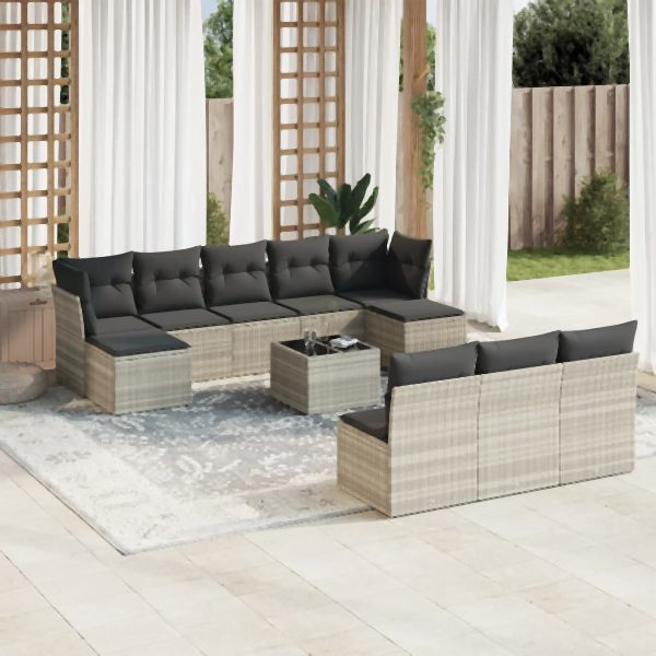 vidaXL 11-tlg. Garten-Sofagarnitur mit Kissen Hellgrau Poly Rattan, 3218302