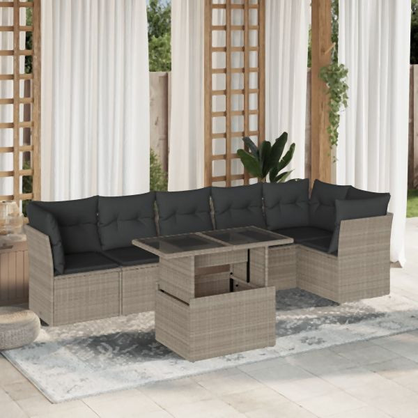 vidaXL 7-tlg. Garten-Sofagarnitur mit Kissen Hellgrau Poly Rattan, 3266602