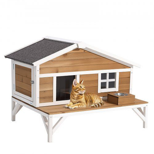 VEVOR Outdoor Katzenhaus, isolierte Katzenhütte aus Holz mit Plattform, winterfest, 1105x853x787 mm, MZMBHSXFWKDPZ308U001V0