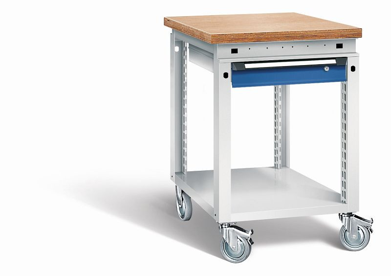 Otto Kind Werkbank Serie function Typ 150 fahrbar, Multiplexplatte 40 mm, bündig, 1 Schublade 120 mm, Gehäuse RAL 7035, Front RAL 5010, 072377186