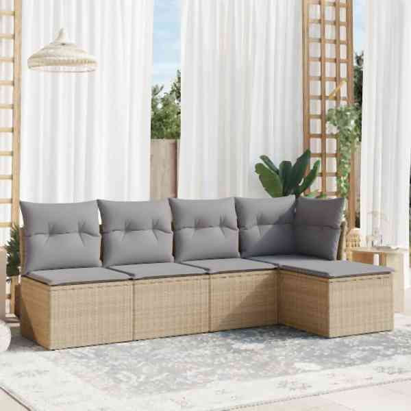 vidaXL 5-tlg. Garten-Sofagarnitur mit Kissen Beige Poly Rattan, UV-beständig, 3217519