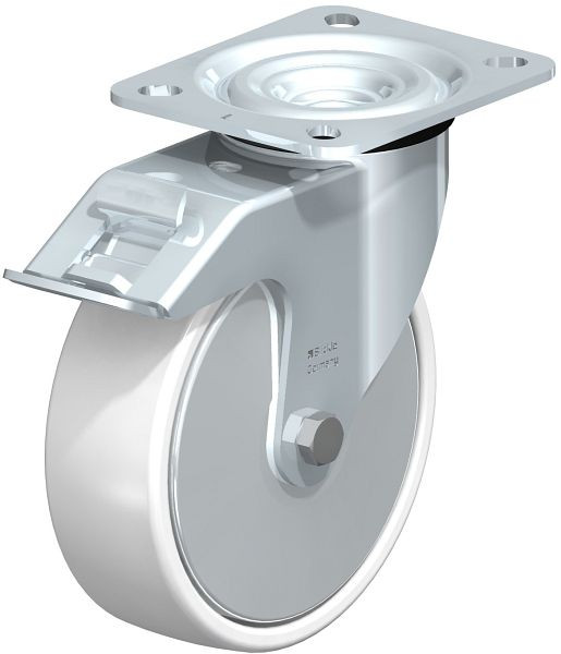 Blickle L-PO 125K-FI-FA Stahlblech-Lenkrolle, mittelschwere Ausführung, mit Anschraubplatte & Feststeller, Polyamid, Weiß, 747221