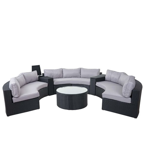 Mendler Luxus Poly-Rattan-Garnitur Savoie, Sitzgruppe Lounge-Set, XXL Sofa rund, anthrazit Kissen grau, 52965+3x52966+2x52967