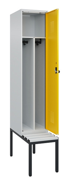 C+P Spind Evolo PLUS, 1 Abteile, 2120x400x815mm, 7035/1023, Haken 4, Drehriegel, Sitzfläche Kunststoff, Sitzbank, Trennwand, 0490507-12F S10055