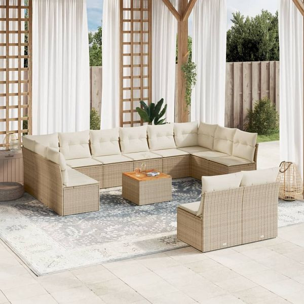 vidaXL 13-teilig Garten-Sofagarnitur mit Kissen Beige Poly Rattan, 3256226