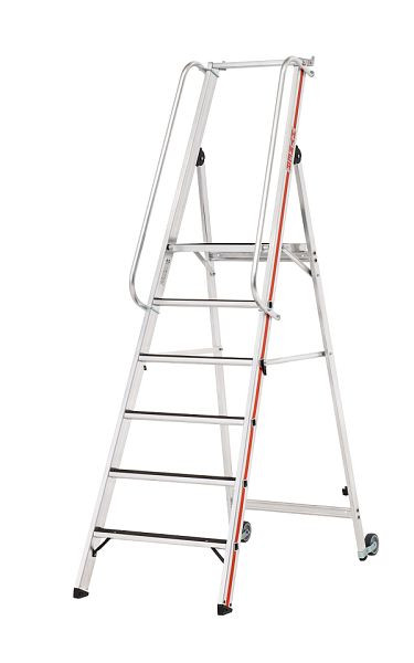 HYMER Plattformleiter R13 mit Kipprollen und langem Handlauf, 6 Stufen, Standhöhe 1,40 m, 868106