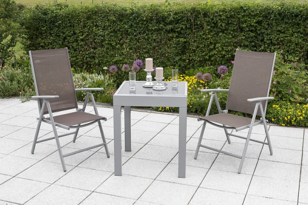 Merxx Amalfi Set 3-teilig, 2 Amalfi Klappsessel, Rückenlehne 5-fach verstellbar, 1 Ausziehtisch 65 (130) x 65 cm, graue Glasplatte, silber/taupe, 50351-325