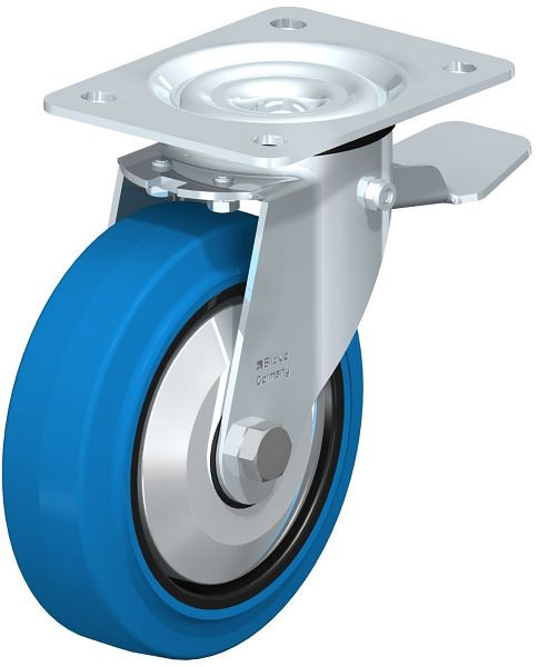 Blickle LE-POEV 160KD-ST-SB-FA Stahlblech-Lenkrolle mit Anschraubplatte, Elastik-Vollgummi, Blau, 749622