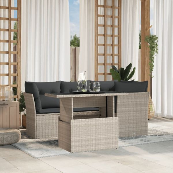 vidaXL 5-tlg. Garten-Sofagarnitur mit Kissen Hellgrau Poly Rattan, 3266562