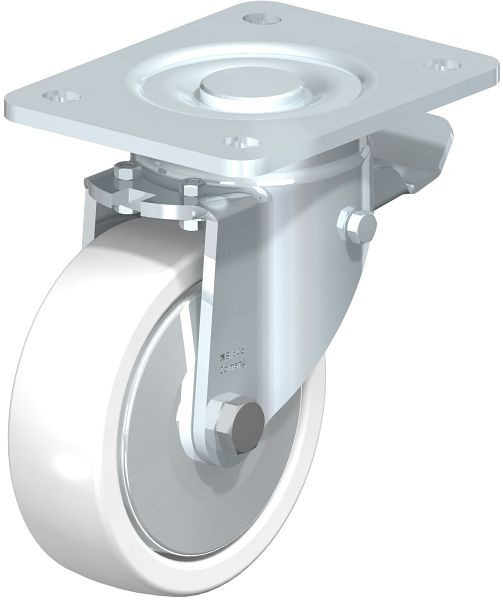 Blickle LH-SPO 125G-3-ST-FA Stahlblech-Lenkrolle, Schwerlast-Ausführung, mit Anschraubplatte & Feststeller, Polyamid, Weiß, 70870