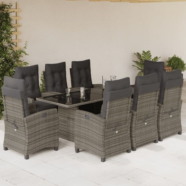 vidaXL 9-teilig Garten-Essgruppe mit Kissen Grau Poly Rattan, 3212925