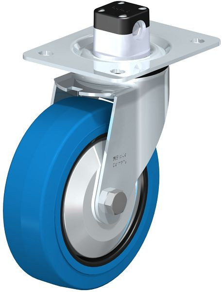 Blickle LE-POEV 160R-CS11-SB-FA Stahlblech-Lenkrolle mit Anschraubplatte & Zentralfeststeller, Elastik-Vollgummi, Blau, 850177