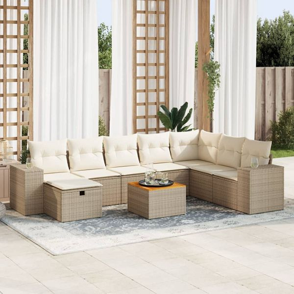 vidaXL 9-tlg. Garten-Sofagarnitur mit Kissen Beige Poly Rattan, 3325887