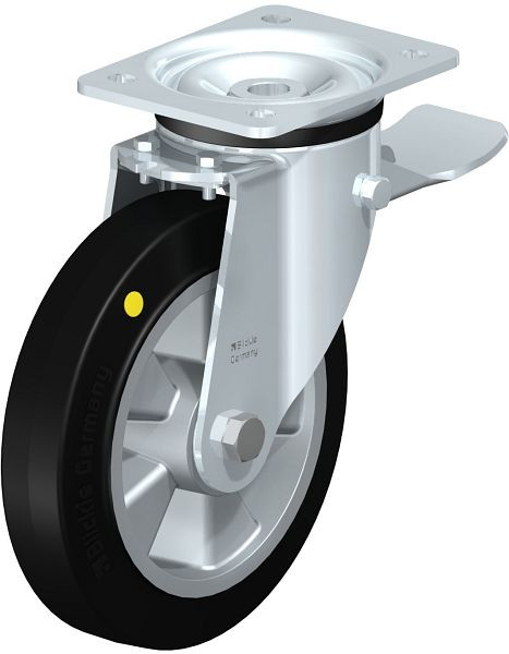 Blickle LK-ALEV 200K-ST-EL Stahlblech-Lenkrolle, schwere Ausführung, mit Anschraubplatte & Feststeller, Elastik-Vollgummi, Schwarz, 852001