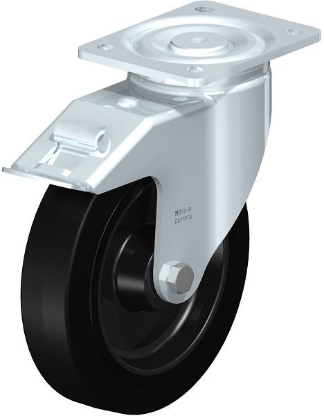 Blickle LH-POEV 200R-FI Stahlblech-Lenkrolle, Schwerlast-Ausführung, mit Anschraubplatte & Feststeller, Elastik-Vollgummi, Schwarz, 562017