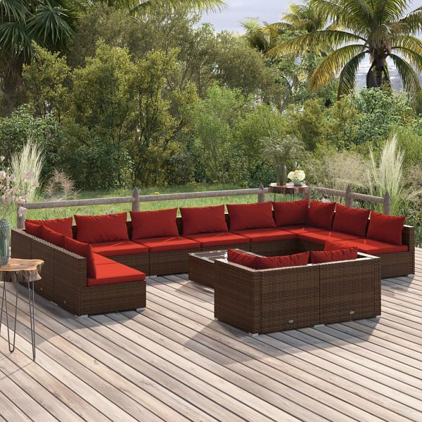 vidaXL 13-teilig Garten-Lounge-Set mit Kissen Braun Poly Rattan, 3102099