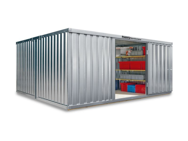 FLADAFI Materialcontainer-Kombination MC 1440, verzinkt, zerlegt, mit Holzfußboden, 4.050 x 4.340 x 2.150 mm, Einflügeltür auf 4 m Seite, F14400101-F911