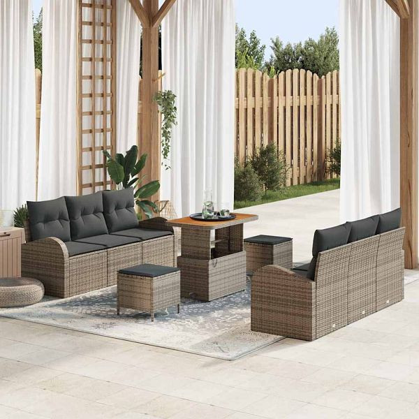 vidaXL Garten-Sofa-Set mit Kissen 9-teilig Grau Poly-Rattan, 3362353