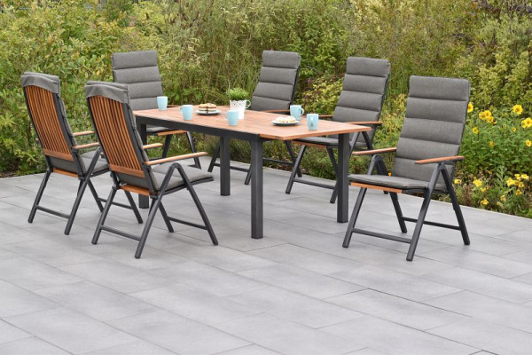 Merxx Athos Set 13-teilig, 6 Klappsessel, 6 Kissen, uni grau, 1 Ausziehtisch 150 (200) x 90 cm, Aluminium mit FSC Akazienholz, 50835-800