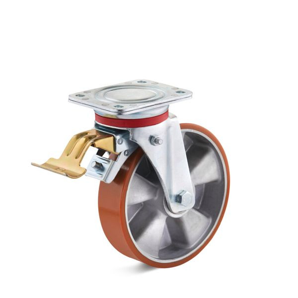 Torwegge Polyurethan Lenkrolle mit Doppelstopp, Tragfähigkeit 500 kg, Rad-Ø 160 mm, Radbreite 50 mm, Ausladung 53 mm, 0036615