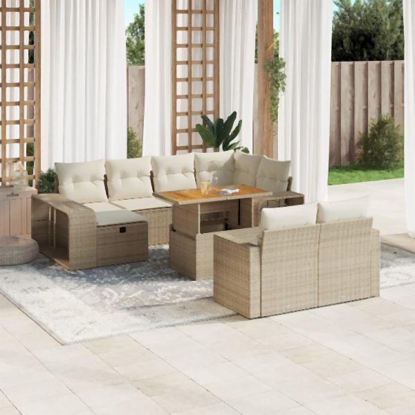 vidaXL 11-tlg. Garten-Sofagarnitur mit Kissen Beige Poly Rattan, 3276514