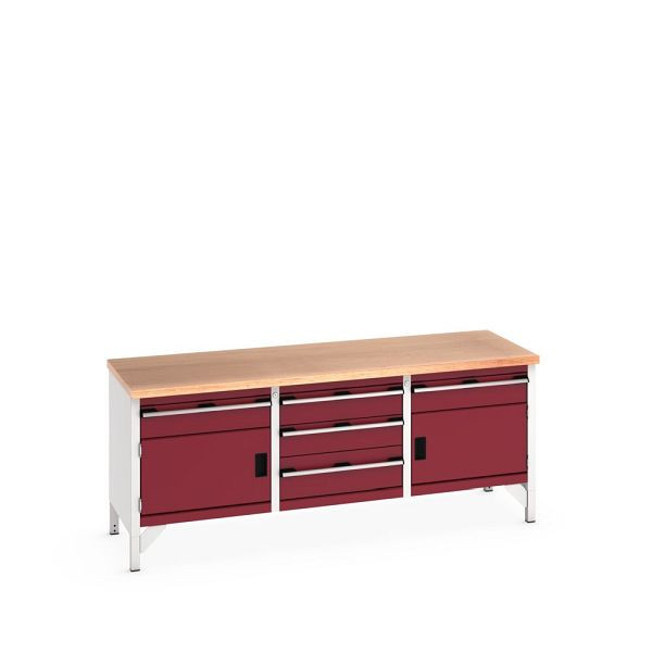 bott cubio Kastenwerkbank mit 5 Schubladen, 2 Türen, Multiplex-Arbeitsplatte, BxTxH: 2000x750x840mm, Purpurrot, 41002064.24V