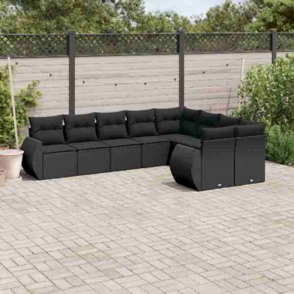 vidaXL 9-tlg. Garten-Sofagarnitur mit Kissen Schwarz Poly Rattan, UV-beständig, 3221834