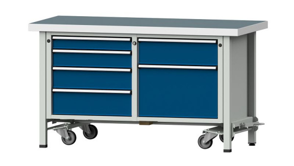 ANKE Werkbänke Kastenwerkbank, Modell 237 V, 1500 x 700 x 850 mm, RAL 7035/5010, UBP 50 mm, mit absenkbarer Fahreinrichtung, 305.286