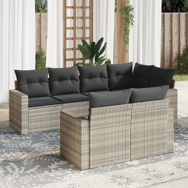 vidaXL 7-teilig Garten-Sofagarnitur mit Kissen Hellgrau Poly Rattan, 3219202