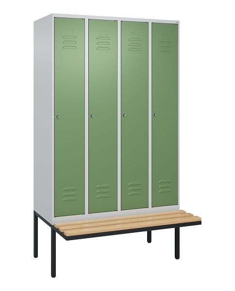 C+P Umkleidespind Classic PLUS, 4 Abteile, 2120x1200x815mm, 7035/6011, Zylinderschlösser, Buche-Sitzleisten, je 2 Doppel-Haken, 0800407-40F S10050