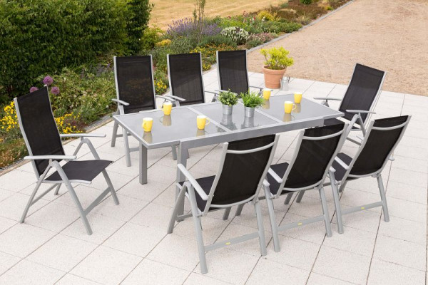 Merxx Carrara Set 9-teilig, 8 Klappsessel, 1 Ausziehtisch 160 (220) x 90 cm, graue Glasplatte, silber/schwarz, 50316-219