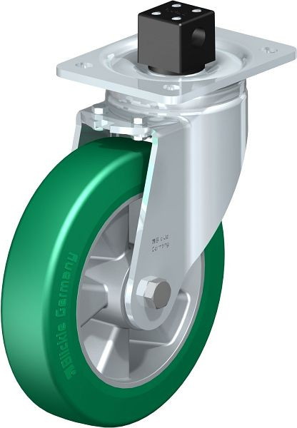 Blickle LH-ALST 200K-CS13 Stahlblech-Lenkrolle, Schwerlast-Ausführung, mit Anschraubplatte & Zentralfeststeller, Blickle Softhane®, Grün, 751294