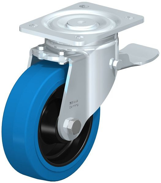 Blickle LH-POEV 160R-ST-SB Stahlblech-Lenkrolle, Schwerlast-Ausführung, mit Anschraubplatte & Feststeller, Elastik-Vollgummi, Blau, 750075