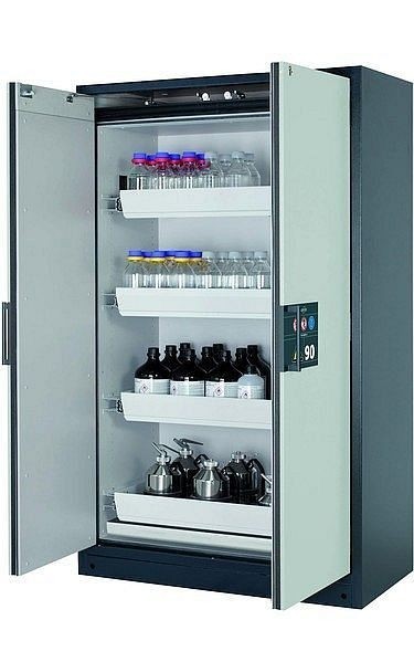 asecos Sicherheitsschrank Q-CLASSIC-90, Q90.195.120 in lichtgrau RAL 7035 mit 4x Auszugswanne Standard (Stahlblech), 30001-041-30015