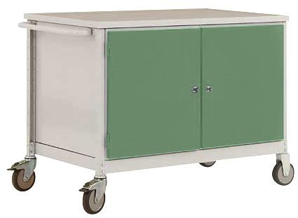 Manuflex Mobile Werkbank Modell 5 mit lichtgrauer Melamin-Abdeckplatte 22 mm BxTxH 1135 x 590 x 802 mm, resedagrün, TP1028.6011