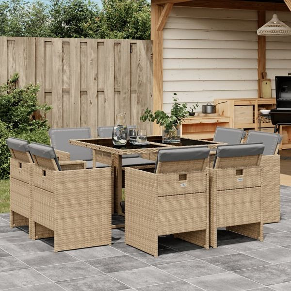 vidaXL 9-tlg. Garten-Essgruppe mit Kissen Beigemischung Poly Rattan, 3210600
